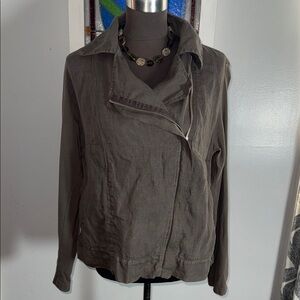 FLAX Olive Green Lightweight Linen Moto Jacket SZ small